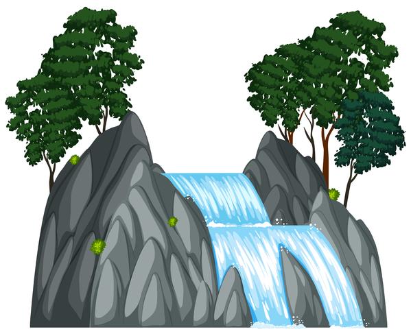 Cascata con due alberi sulla roccia vettore