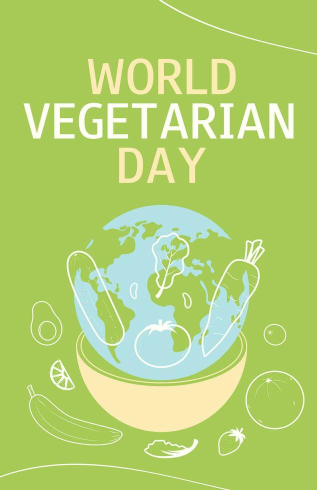 mondo vegetariano giorno. verticale striscione. vettore illustrazione con verdure e globo.