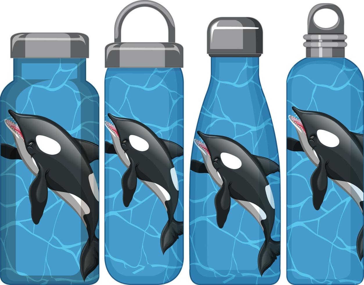 set di diversi thermos con motivo orca balena vettore