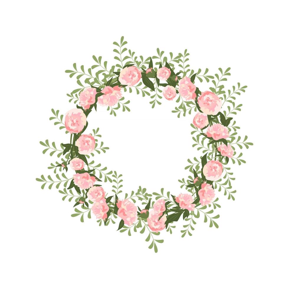 una corona di peonie. cornice rotonda, fiori rosa carini e foglie vettore