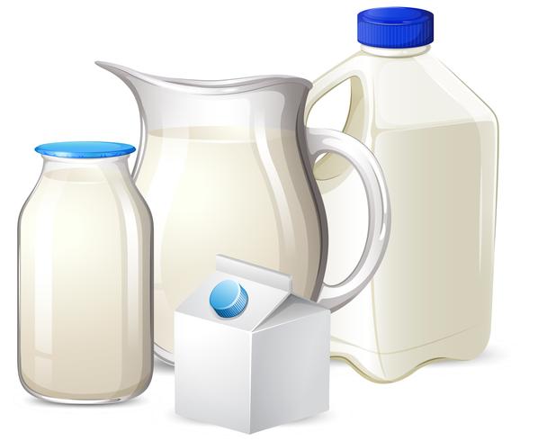 Set di latte su diversi contenitori vettore