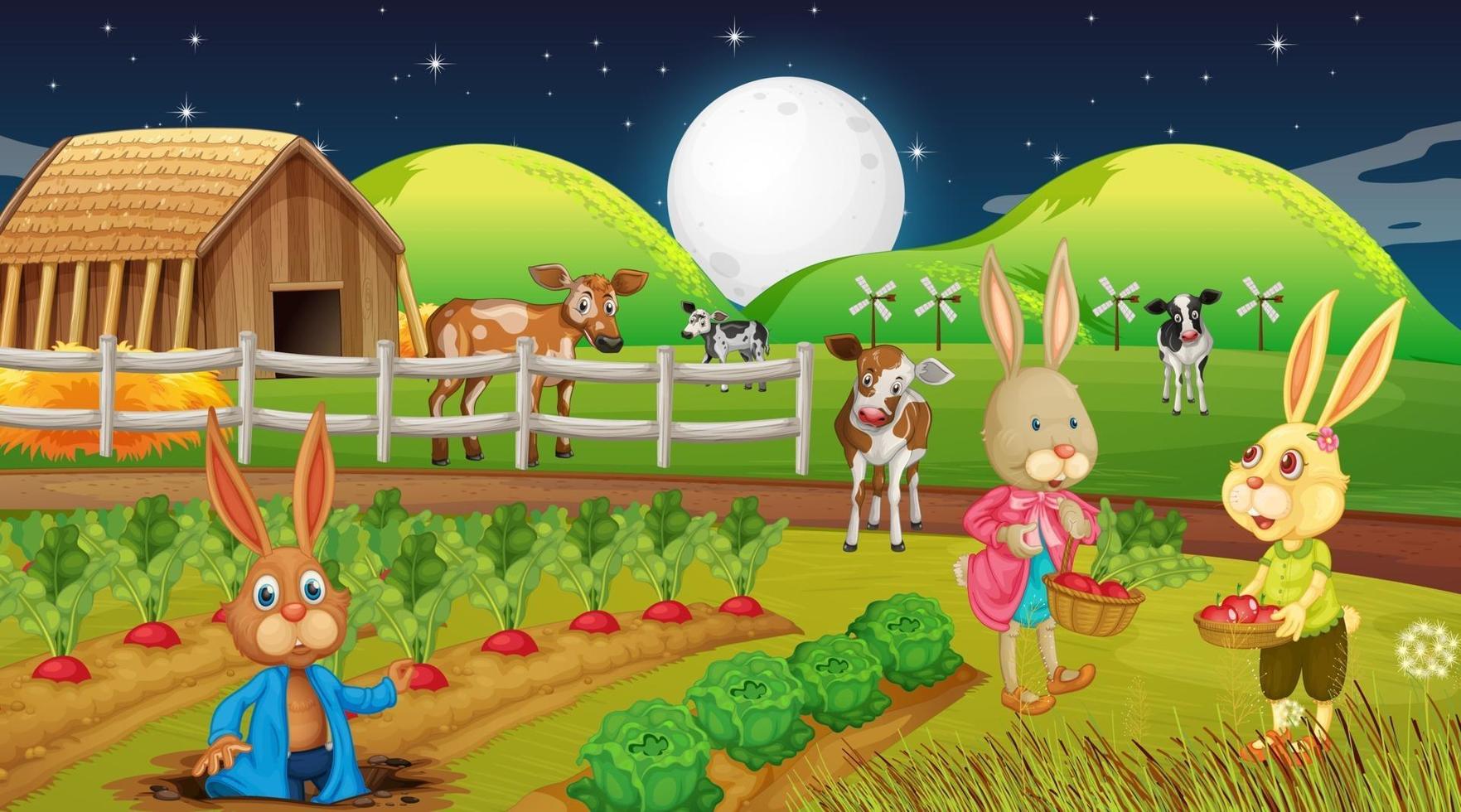 fattoria di notte scena con famiglia di conigli vettore