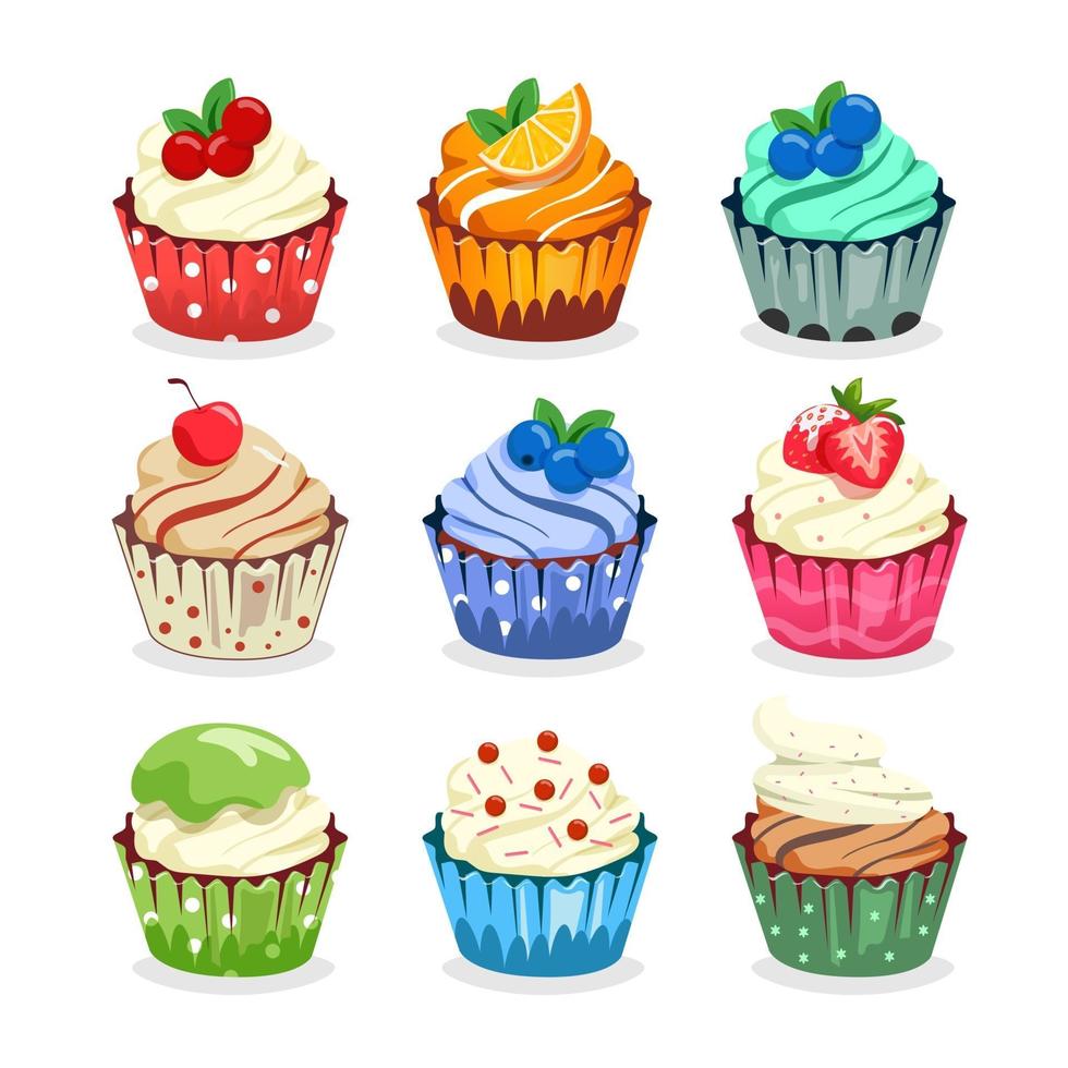 set cupcake dolce e colorato con topping alla frutta vettore