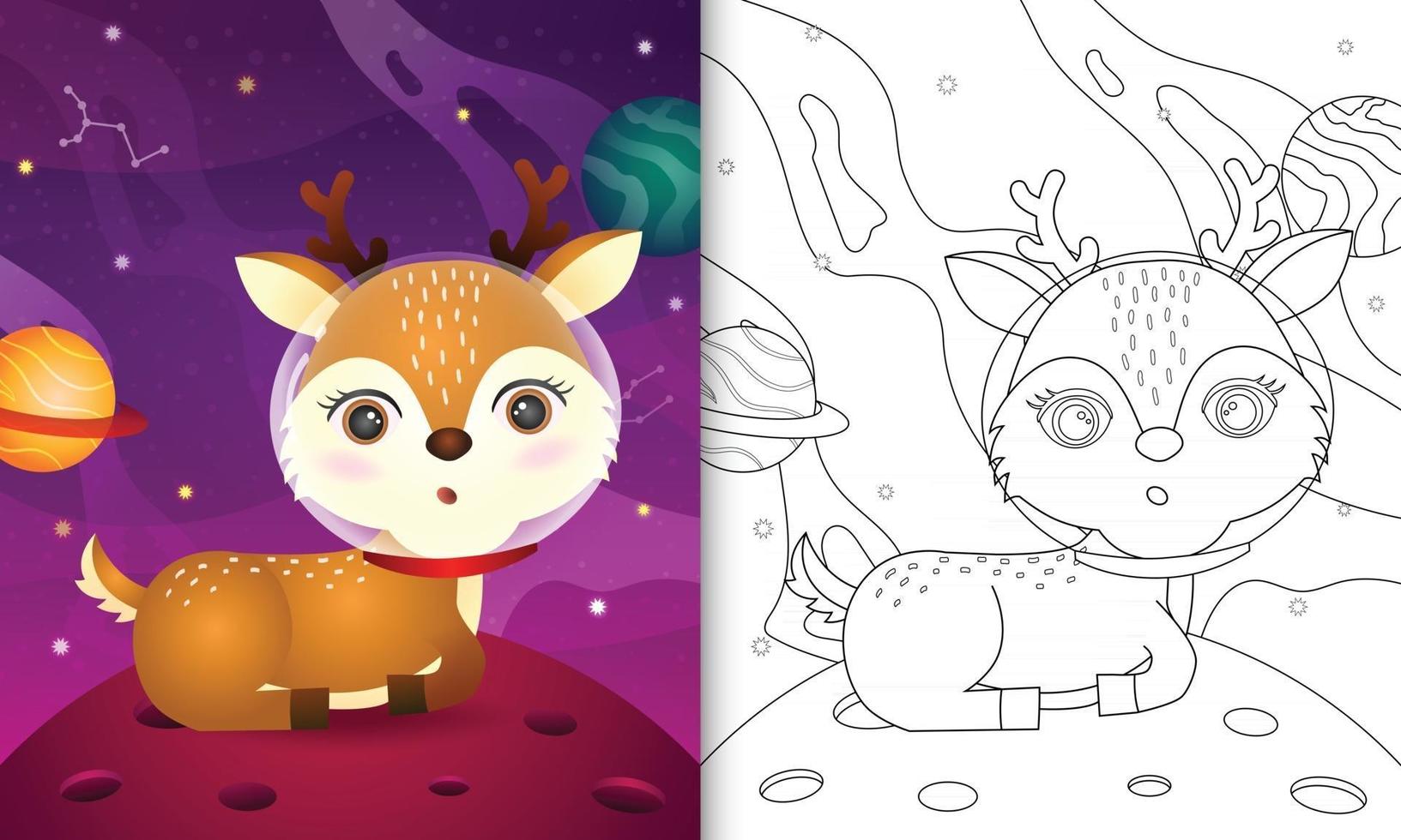 libro da colorare per bambini con un simpatico cervo nella galassia spaziale vettore