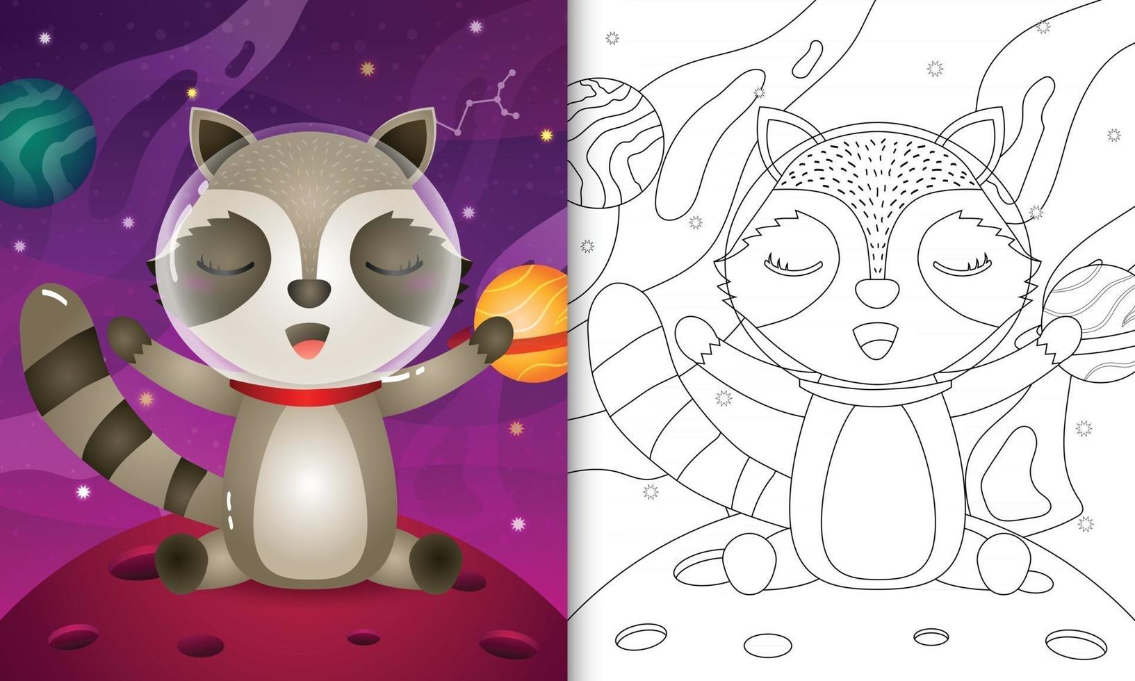 libro da colorare per bambini con un simpatico procione nella galassia spaziale vettore