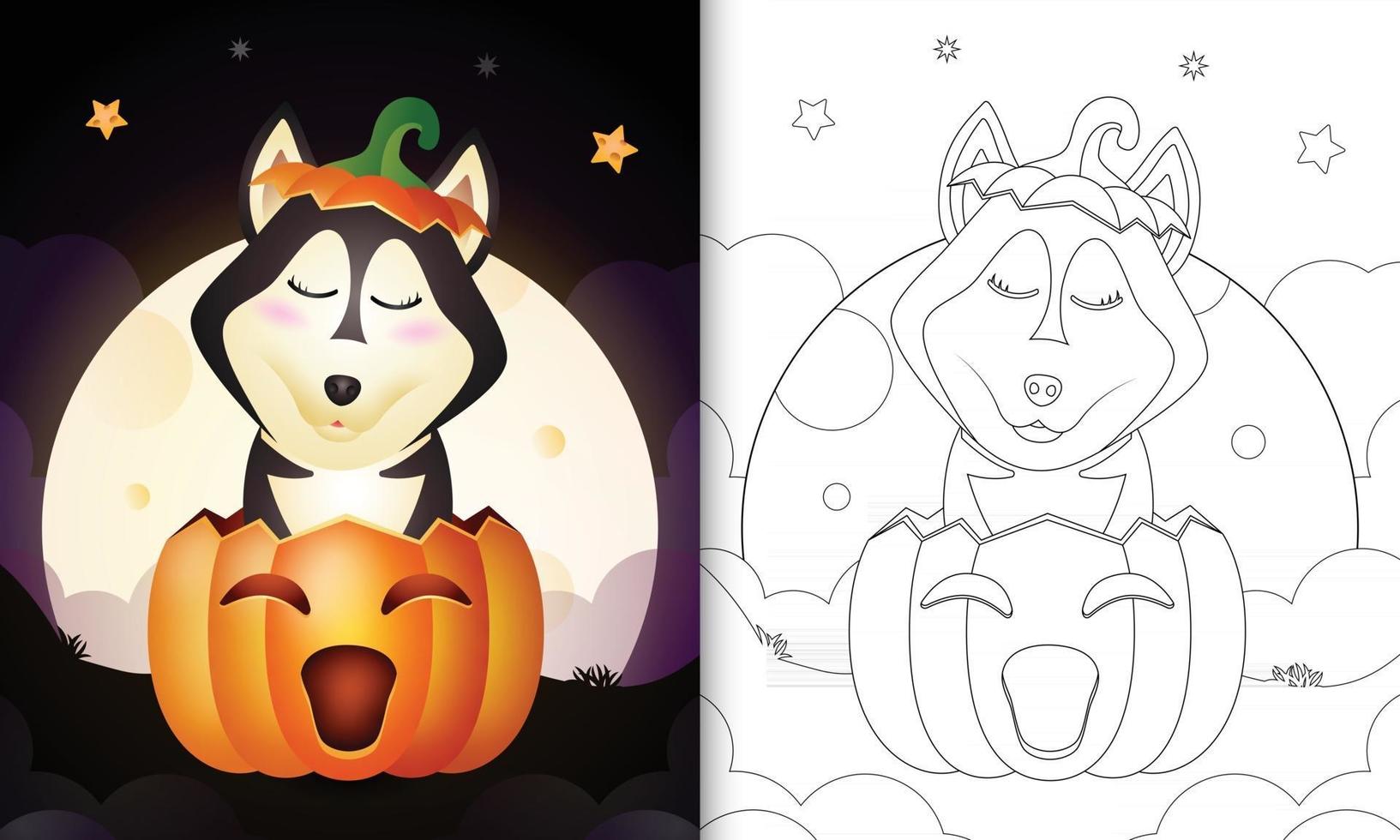 libro da colorare con un simpatico cane husky nella zucca di halloween vettore