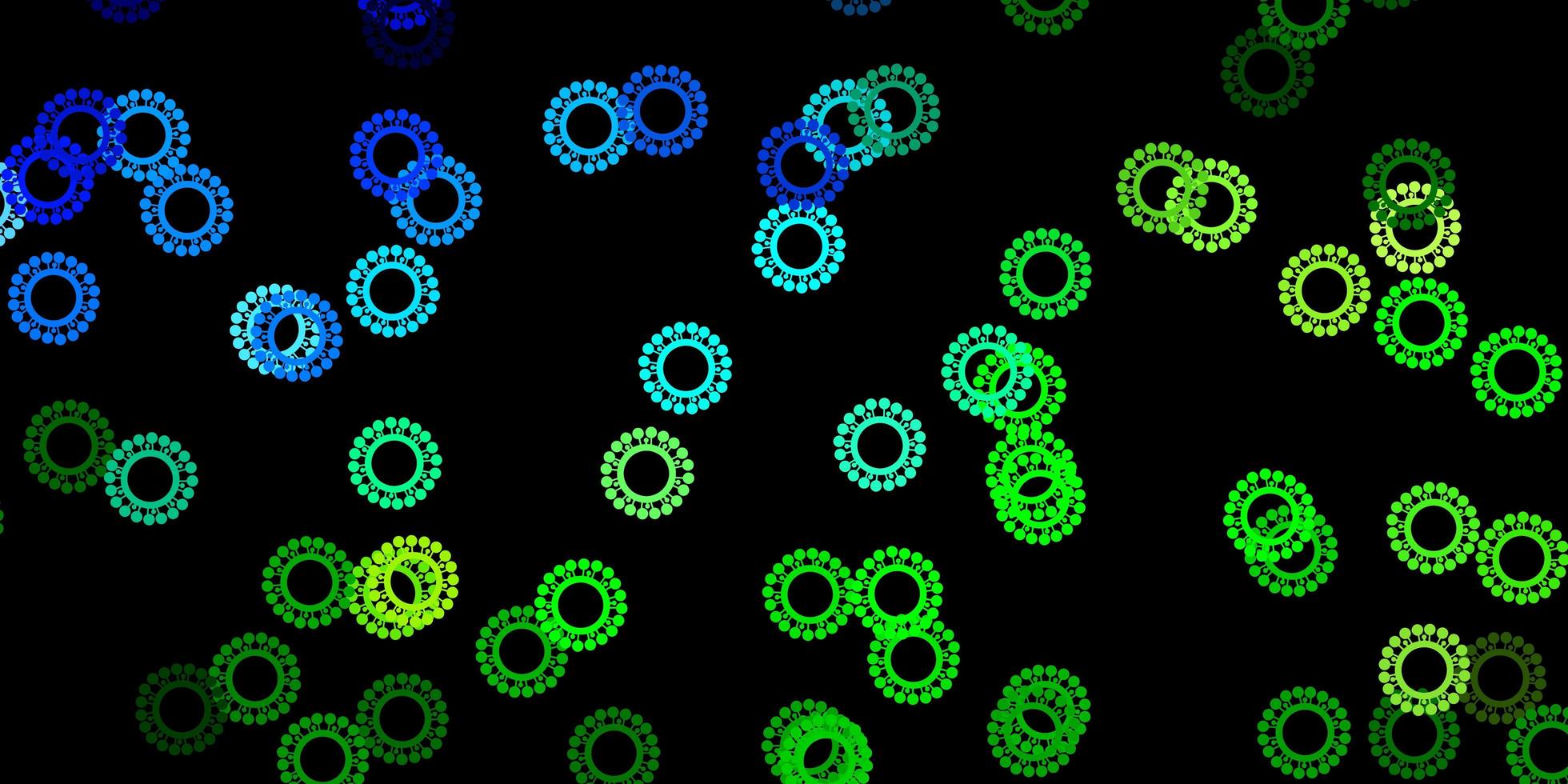 sfondo vettoriale blu scuro, verde con simboli di virus.