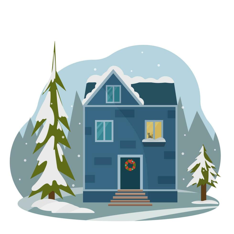 nuovo anni Casa nel il foresta. casa delle bambole. inverno Natale paesaggio con cartone animato Casa. per cartoline, striscioni, sito web. vettore illustrazione.