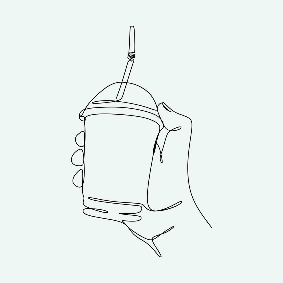 continuo linea disegno di un' mano Tenere bevanda nel plastica tazza. uno singolo linea. grafico design vettore illustrazione.