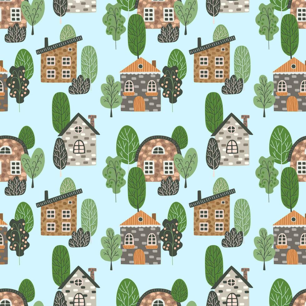 senza soluzione di continuità scandinavo città. infinito sfondo con carino case, alberi. estate stagione. colorato piatto vettore senza soluzione di continuità modello. vettore illustrazione nel piatto cartone animato stile.