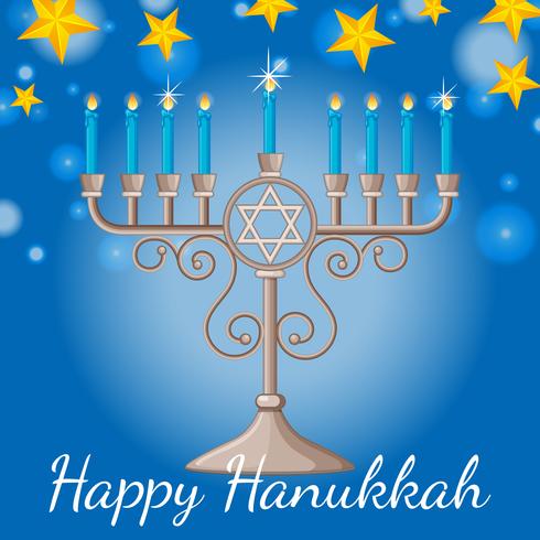 Carta di Hanukkah felice con candele blu e stelle di notte vettore