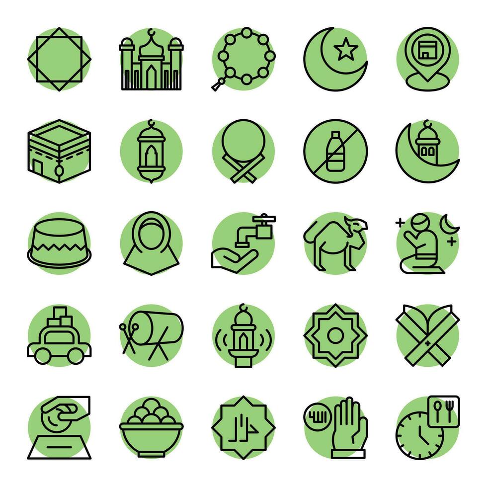Ramadan icone impostato nel pieno schema stile. il collezione include ragnatela disegno, applicazione disegno, ui disegno, durante Ramadan, eid, e altri. vettore