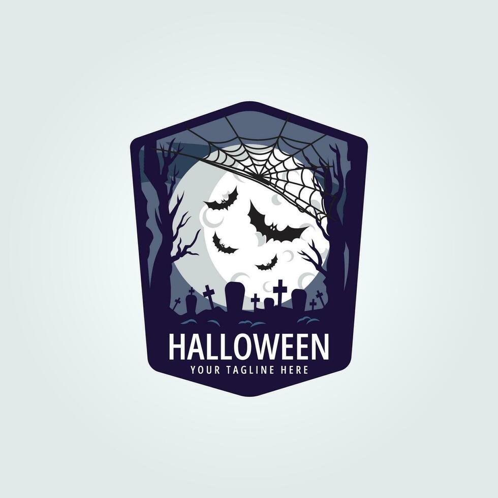 Halloween logo icona design ispirazione con pipistrello, albero, grave, Luna e ragno ragnatela castello vettore illustrazione