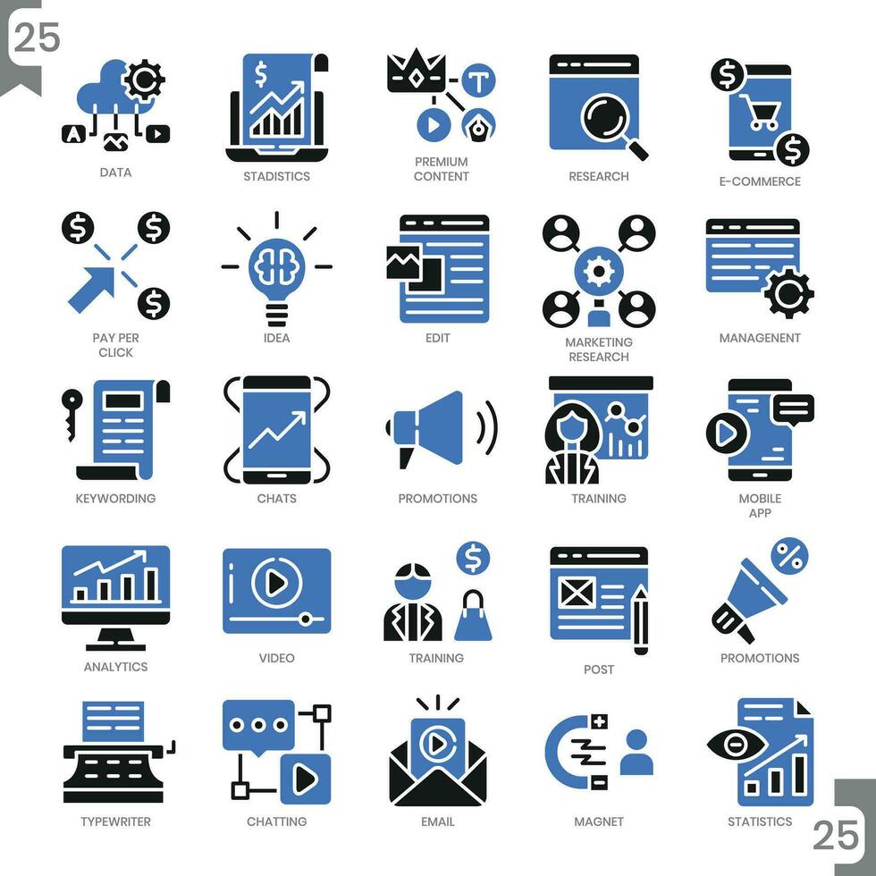 digitale marketing, piatto bicolore icona impostare, e pixel Perfetto icone impostato vettore