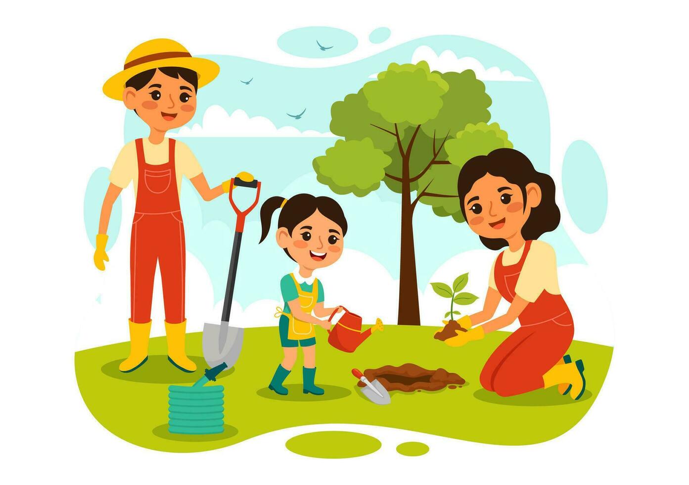 piantare impianti vettore illustrazione con persone godere giardinaggio, pianta, irrigazione o scavando nel il giardino nel piatto bambini cartone animato sfondo design