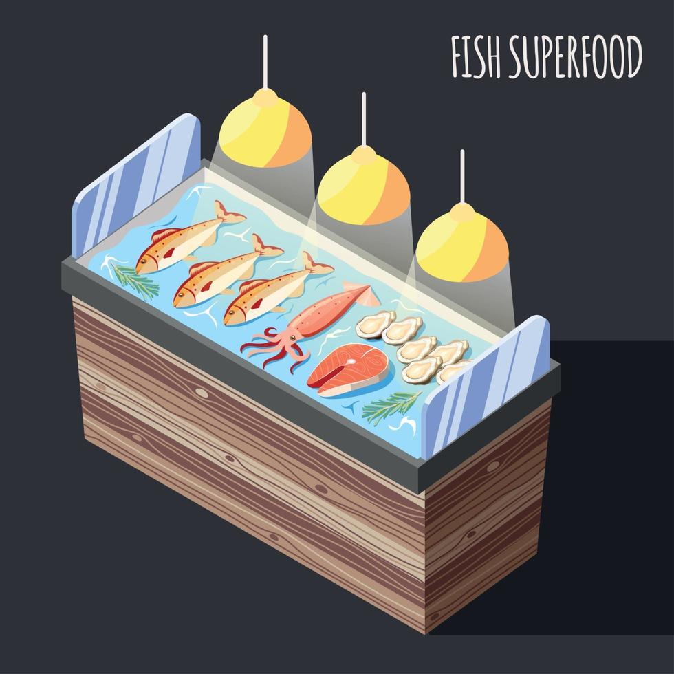 illustrazione isometrica di vettore del fondo del contatore del superfood del pesce