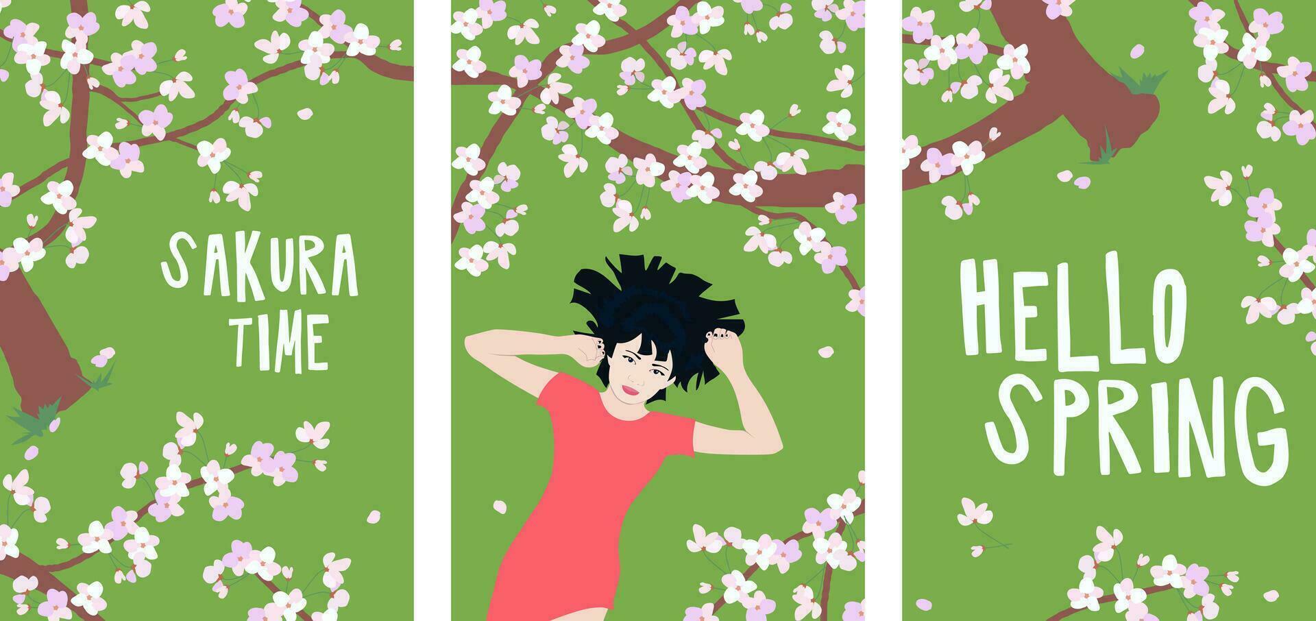 illustrazione di ciliegia alberi su un' verde sfondo. festivo bandiera per primavera vacanza. primavera rosa fiori. Vektor grafico di sakura. vettore