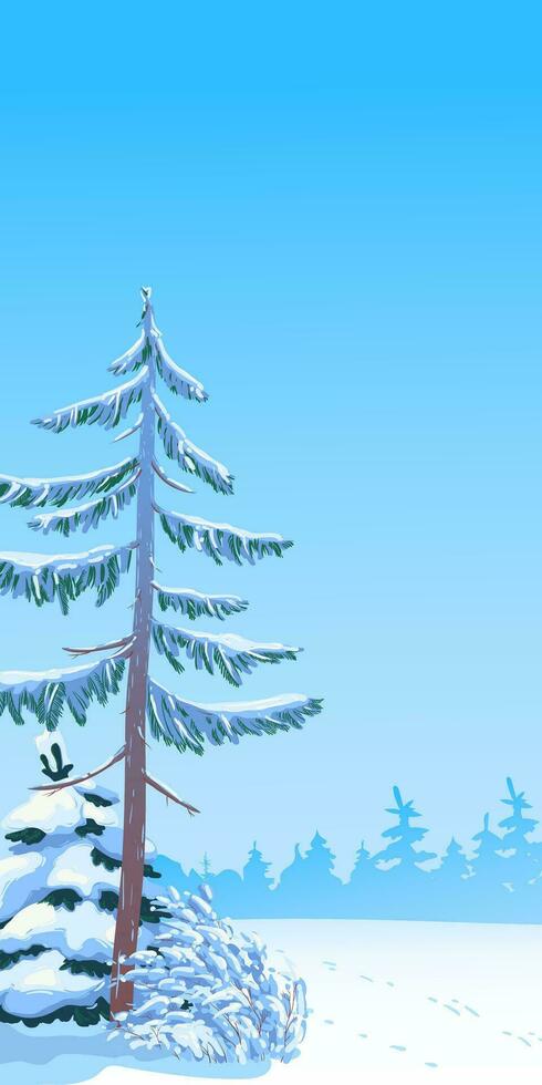 verticale scena con caduta neve. innevato alberi su il sfondo di il foresta. vettore illustrazione. Natale scena.