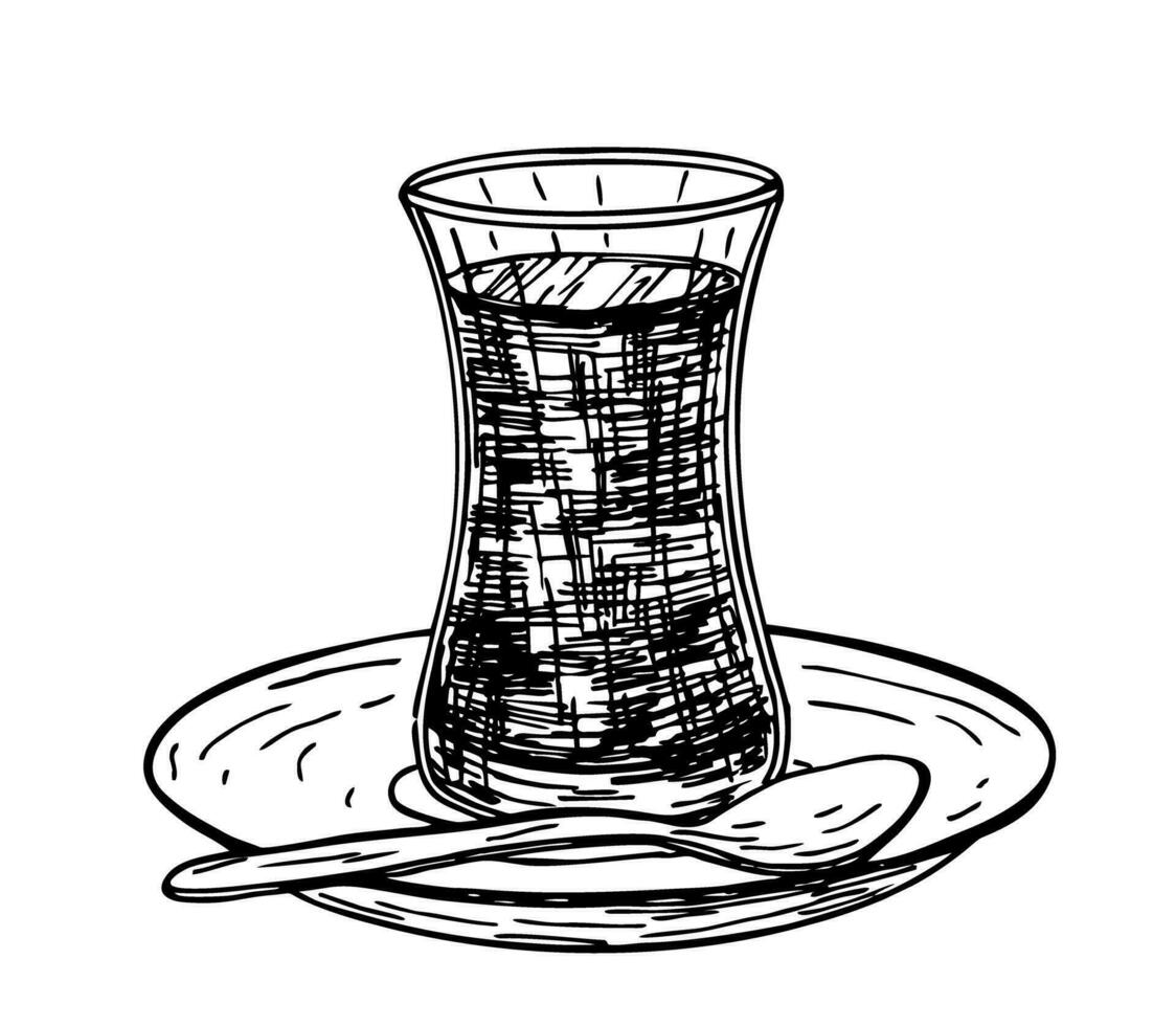 un' bicchiere di tradizionale Turco tè. su un' piattino. vettore schizzo illustrazione icona isolato su bianca. tradizionale orientale tè tazza