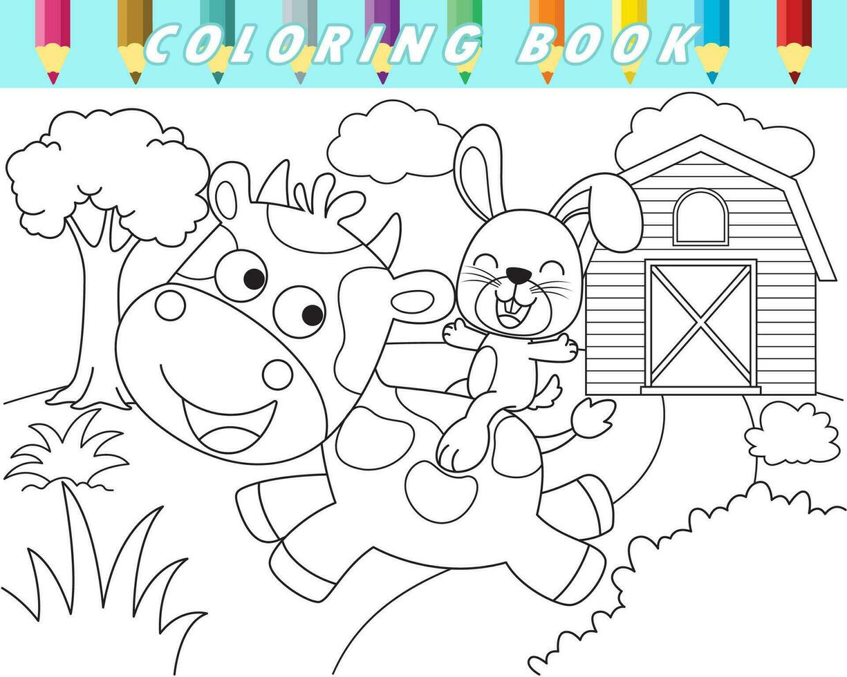 colorazione libro di divertente coniglio equitazione mucca nel azienda agricola campo. vettore cartone animato illustrazione