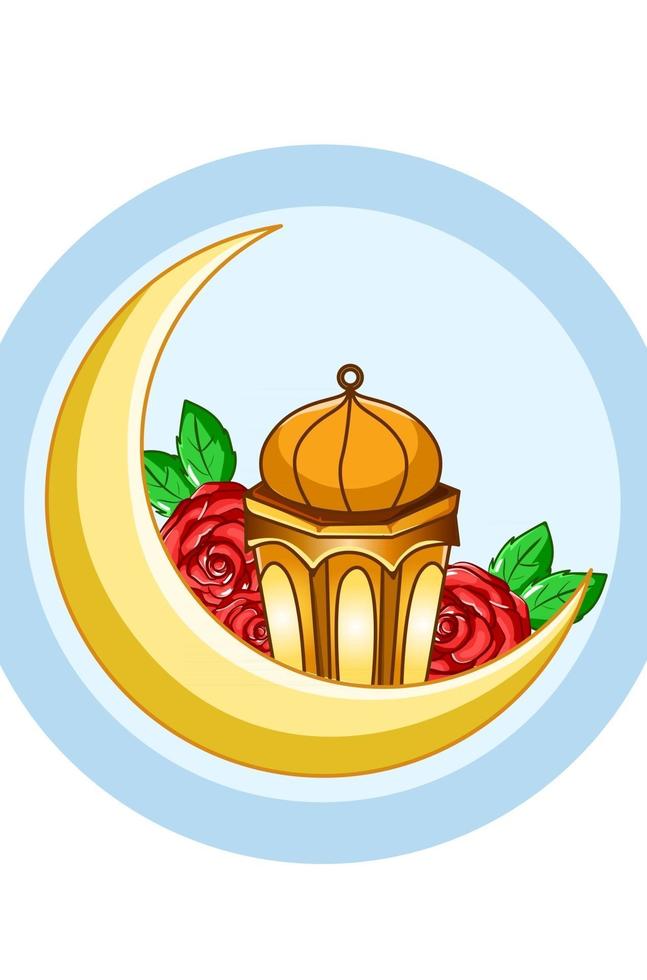 luna d'oro con lanterna a ramadan mubarak fumetto illustrazione vettore