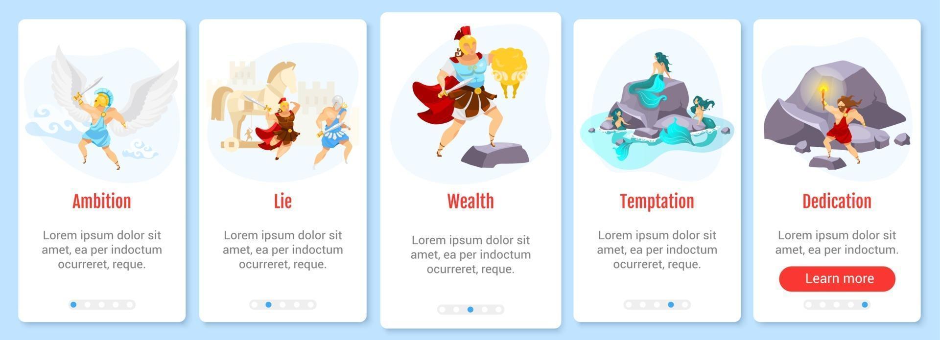 modello di vettore della schermata dell'app mobile onboarding della mitologia greca