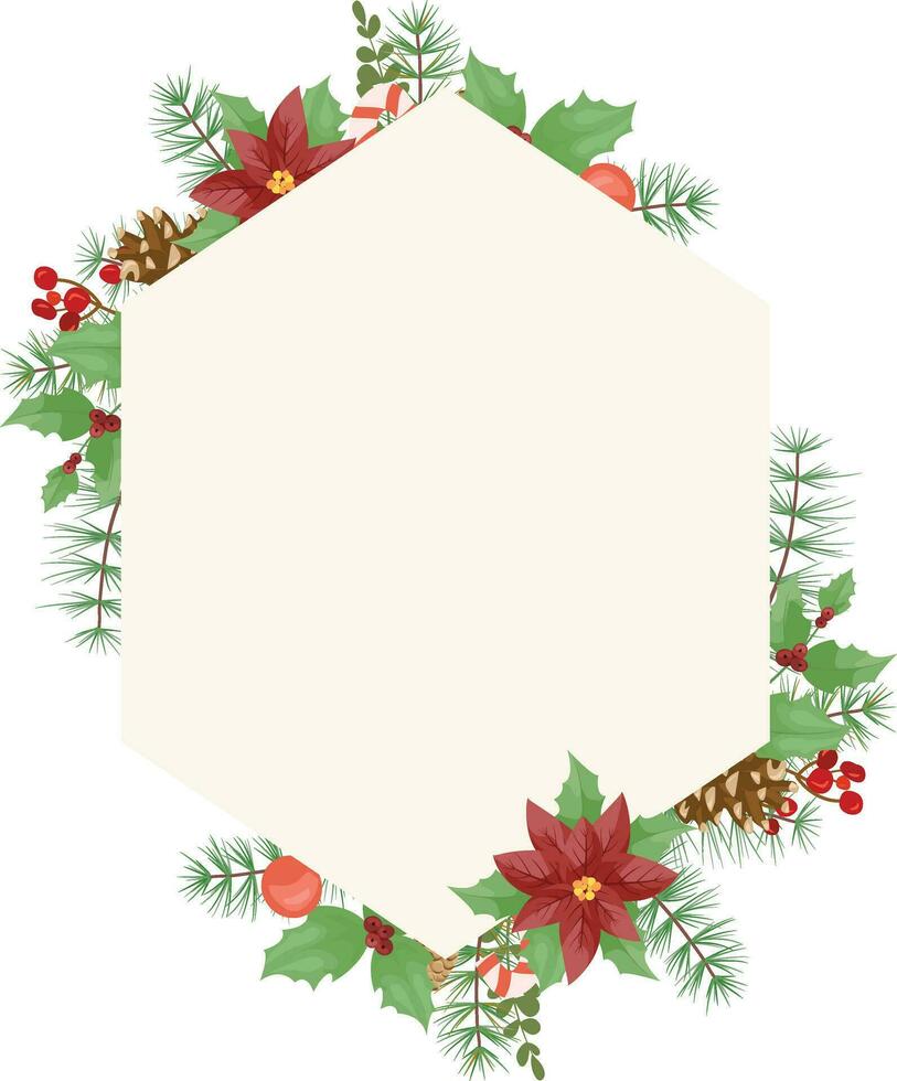 allegro Natale telaio con rosso poinsettia fiori, agrifoglio, foglie, frutti di bosco, pino, abete, verde ramoscelli su bianca sfondo. nuovo anno floreale composizione per saluto carte, design. vettore