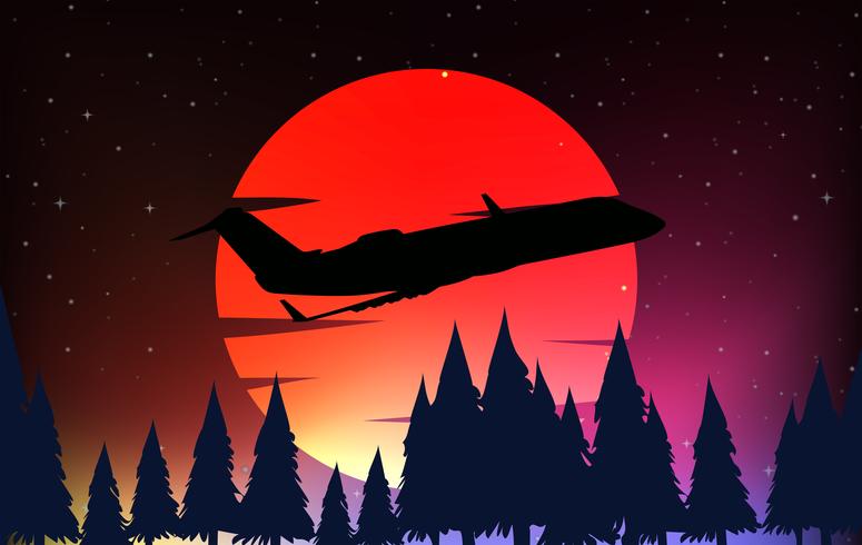 Scena della siluetta con l&#39;aeroplano e la luna rossa vettore