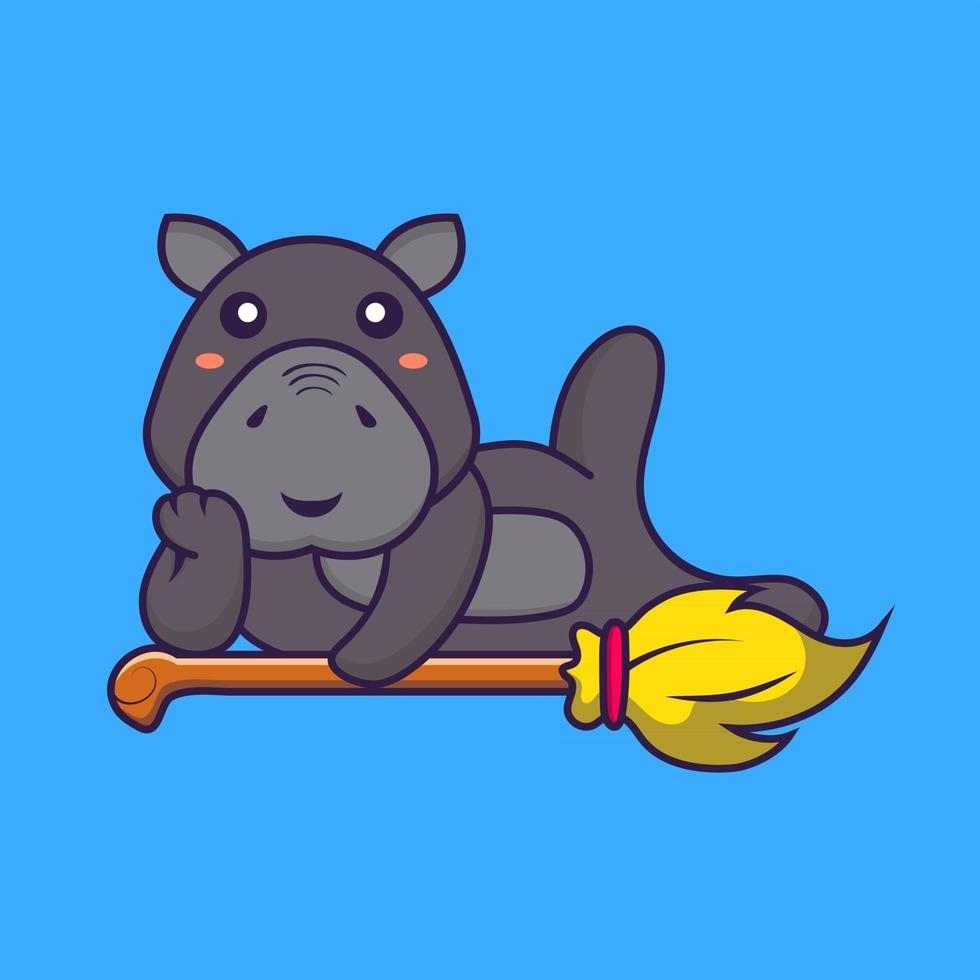 simpatico ippopotamo sdraiato sulla scopa magica. concetto di cartone animato animale. vettore