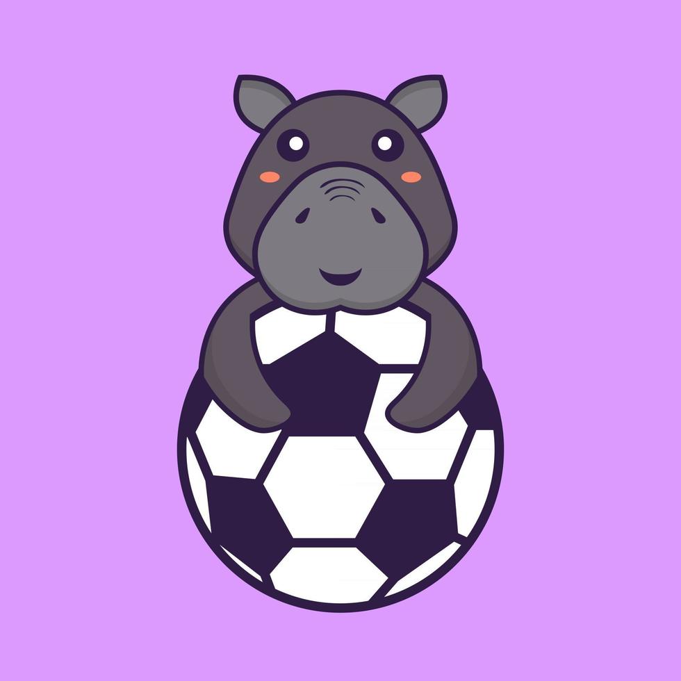 simpatico ippopotamo che gioca a calcio. concetto di cartone animato animale. vettore