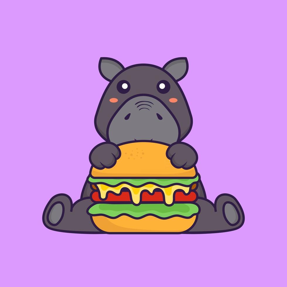 simpatico ippopotamo che mangia hamburger. concetto di cartone animato animale. vettore