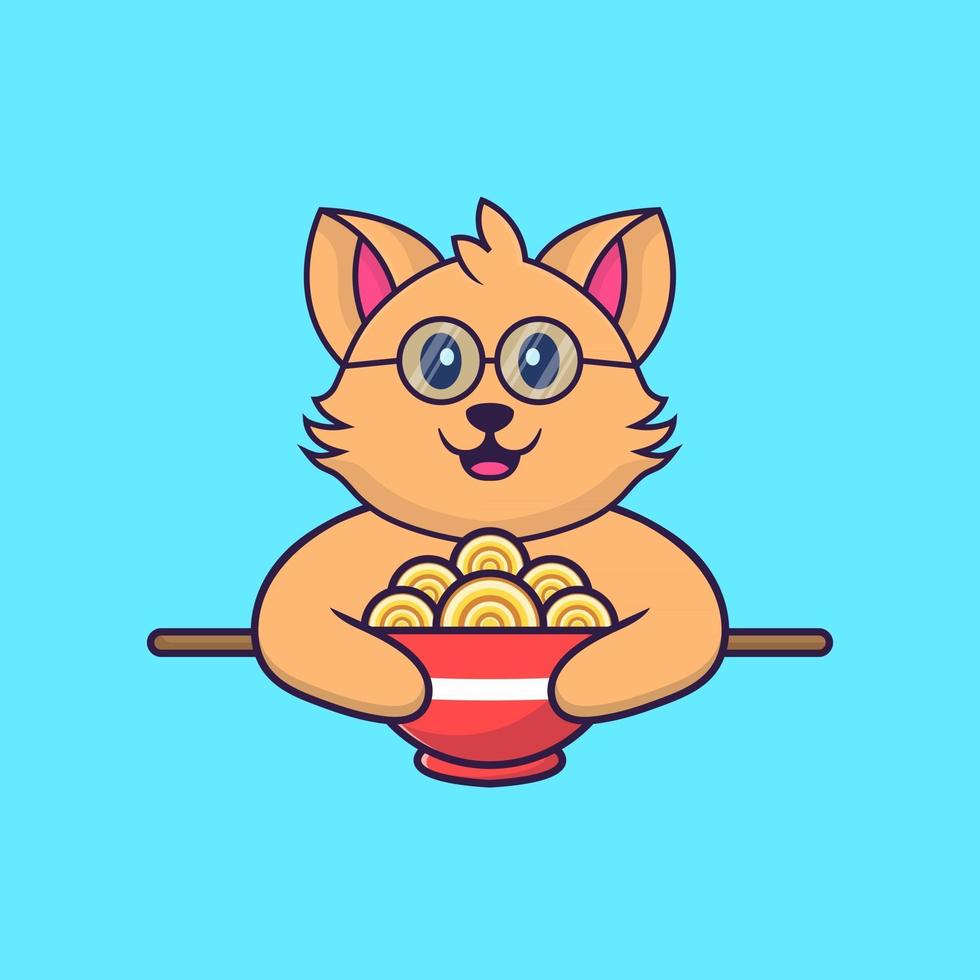simpatico gatto che mangia spaghetti ramen. vettore