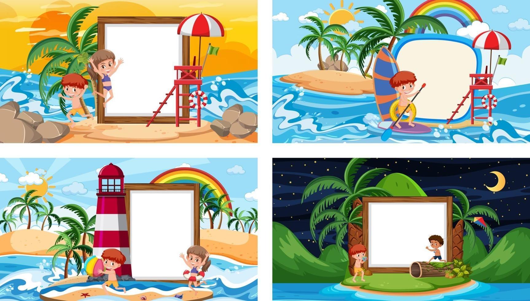 set di diverse scene di spiaggia tropicale con banner bianco vettore