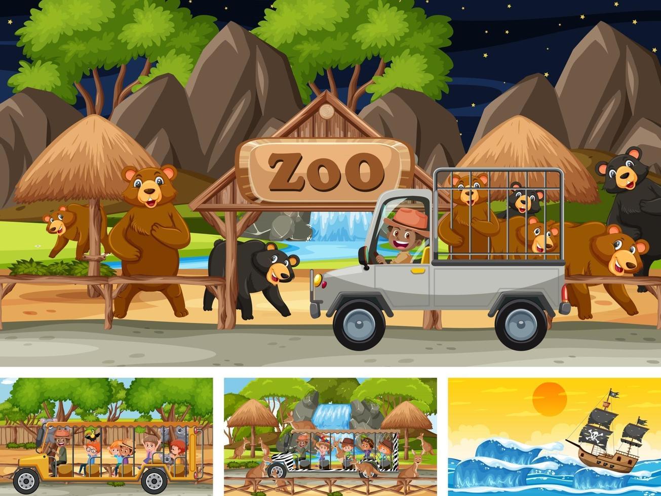 set di scene con nave pirata in mare e animali allo zoo vettore