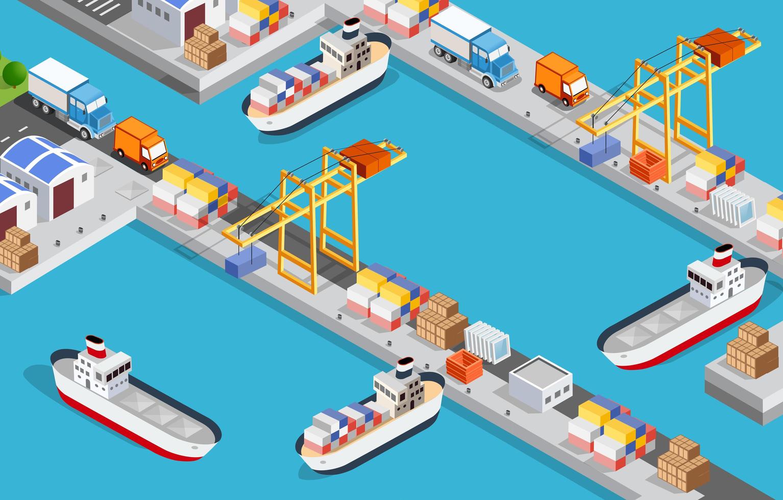 porto industriale della città isometrica con l'illustrazione 3d della barca di trasporto vettore