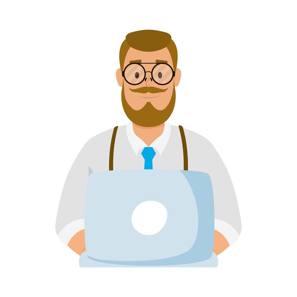 avatar uomo con barba occhiali e laptop disegno vettoriale
