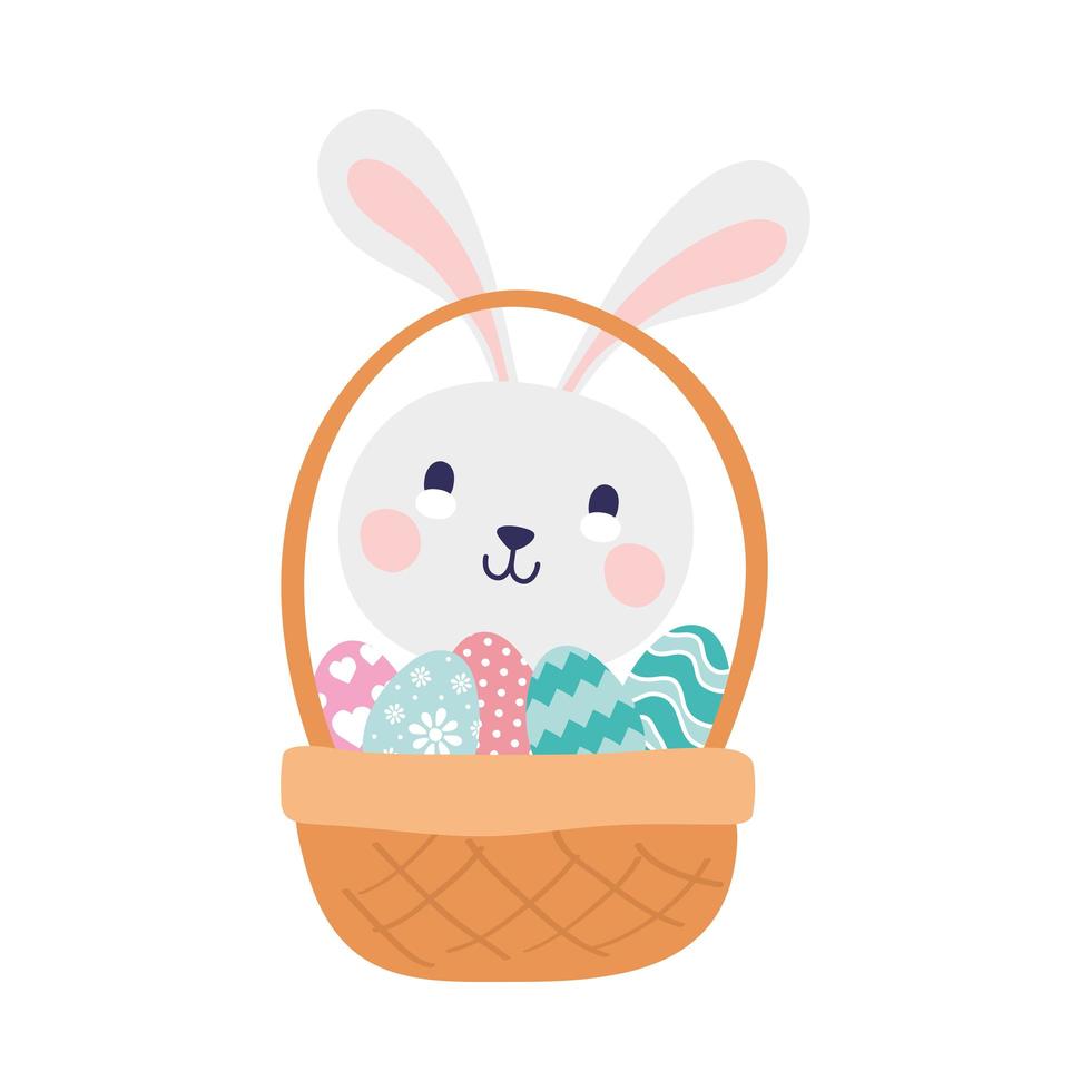 simpatico coniglio con uova nel cesto personaggio di buona pasqua vettore