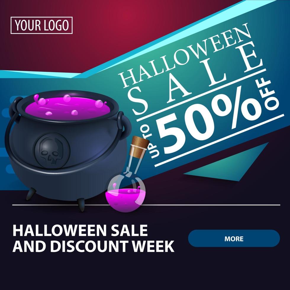 saldi di halloween e settimana di sconti, banner sconto quadrato con design moderno e calderone della strega con pozione vettore