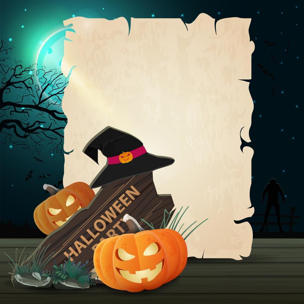 modello di halloween sotto forma di foglio di carta per il tuo design con cartello in legno, cappello da strega e jack zucca vettore