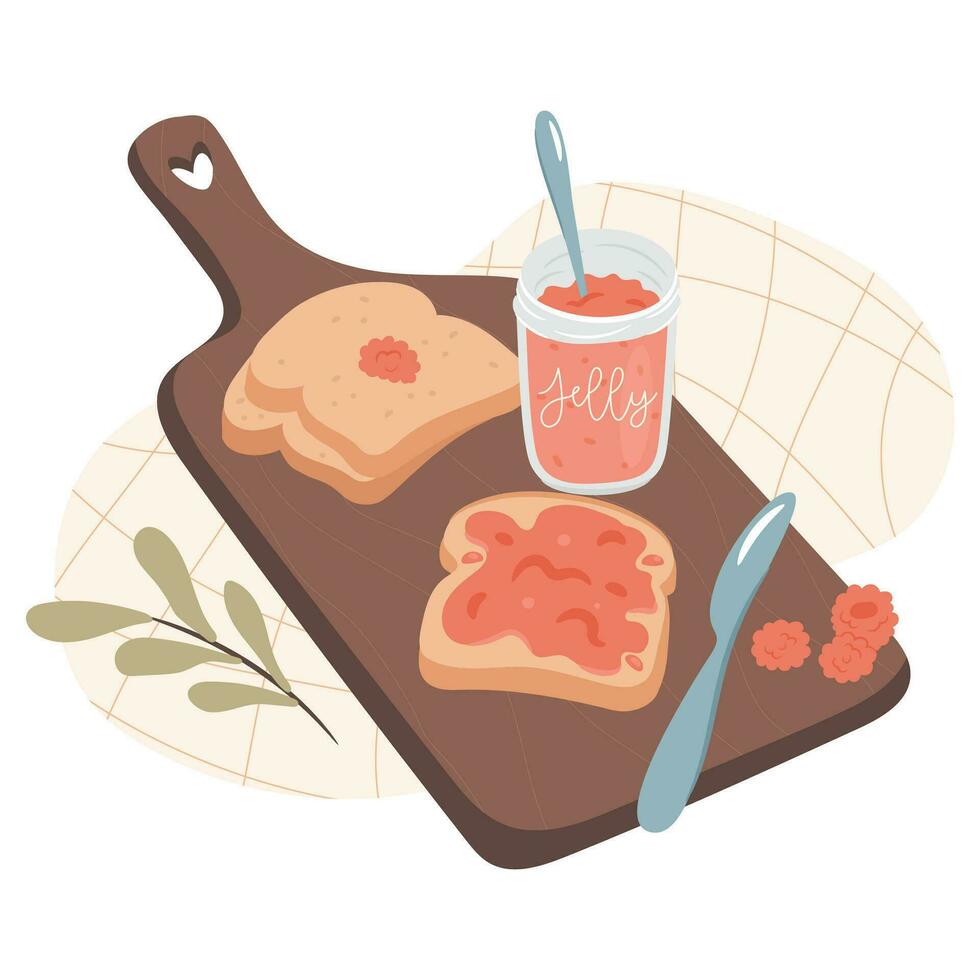 lampone gelatina e toast su un' di legno vassoio. mattina prima colazione concetto. accogliente autunno giorni concetto. vettore