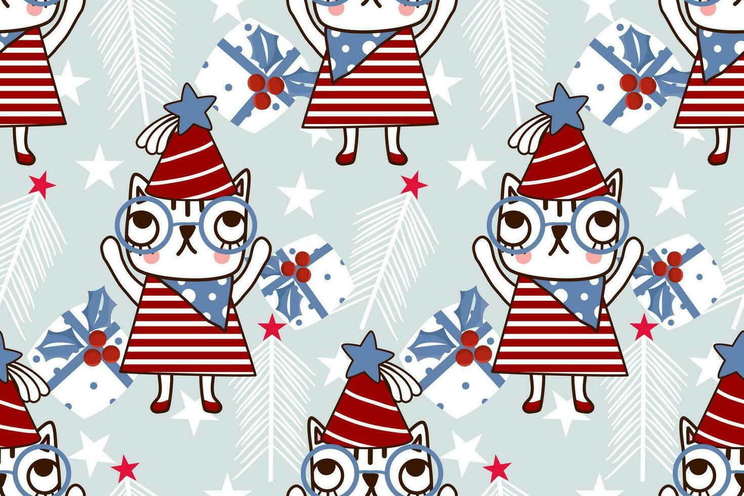 Natale senza soluzione di continuità modello su blu sfondo.senza soluzione di continuità modello di gatto, regalo, albero, stella.cartone animato personaggio mano disegnato vettore illustrazione.merry Natale concept.design per trama, tessuto, abbigliamento, stampa.