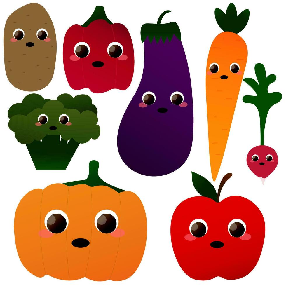 impostato di carino verdure personaggi - melanzana, ravanello, Patata, zucca, carota, Pepe, broccoli e Mela vettore