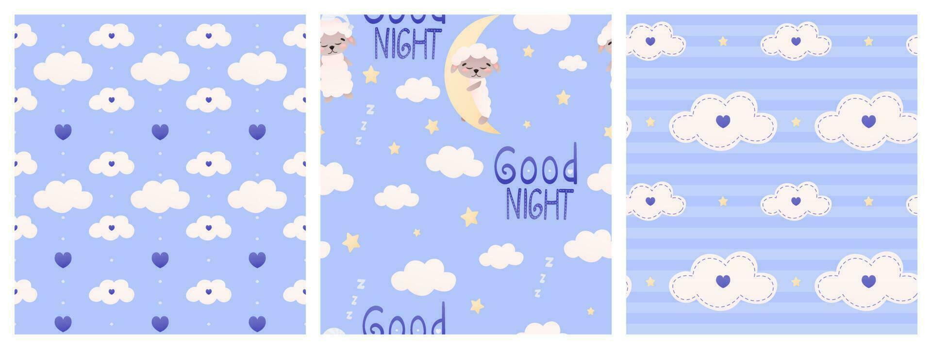 impostato di infantile picchiettio per biancheria da letto con carino animale pecora addormentato su Luna e bene notte scritte, dolce sogni vettore