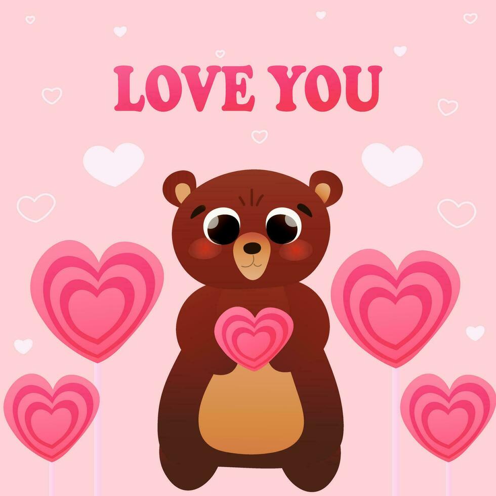 carino infantile orso personaggio Tenere cuore caramella, carta per San Valentino su rosa sfondo nel cartone animato stile, amore voi cartolina per Stampa vettore