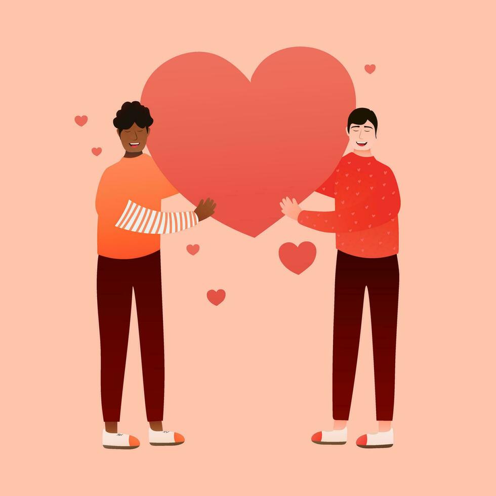 gay coppia Tenere grande cuore nel cartone animato stile su rosa sfondo, regalo carta per san valentino, amore romantico concetto di lgbt coppia, solidarieta, omosessuale famiglia vettore