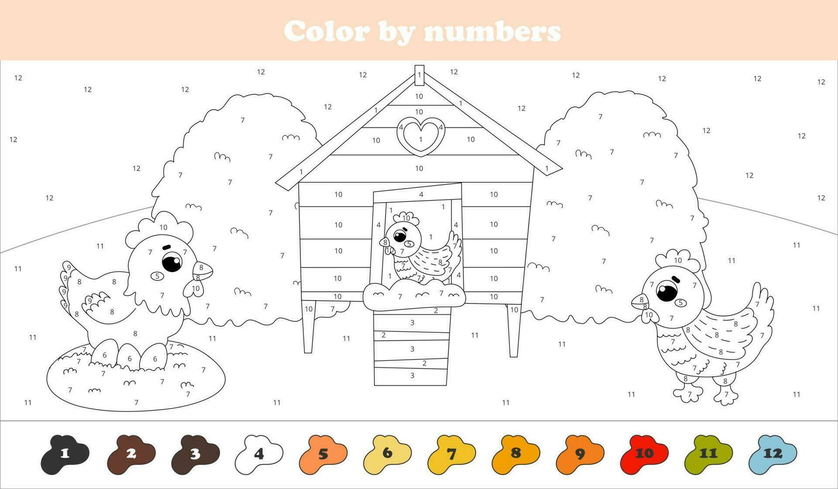 colore di numeri pagina con carino pollo, gallina e uova, stampabile foglio di lavoro per bambini per agricoltura tema, colorazione pagina vettore