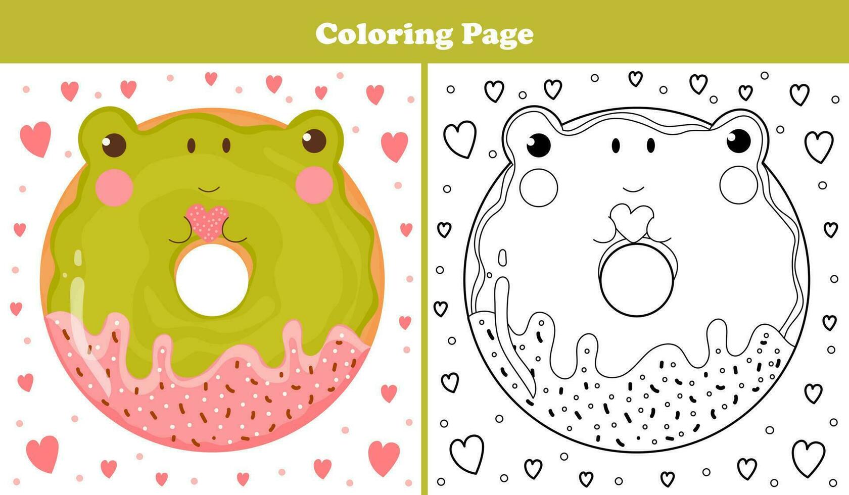 stampabile colorazione pagina per bambini con dolce rana forma ciambella con glassatura e cioccolato nel cartone animato stile, gioco per bambini libri vettore
