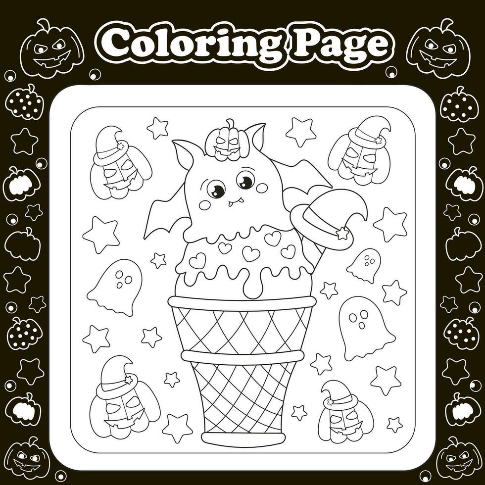 Halloween dolci a tema colorazione pagina per bambini con kawaii fantasma e zucca personaggio sagomato ghiaccio crema vettore