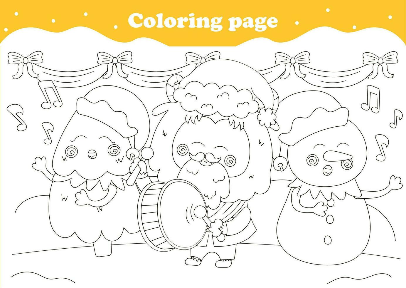 carino colorazione pagina con kawaii Natale personaggi cantando canti natalizi e giocando tamburo vettore