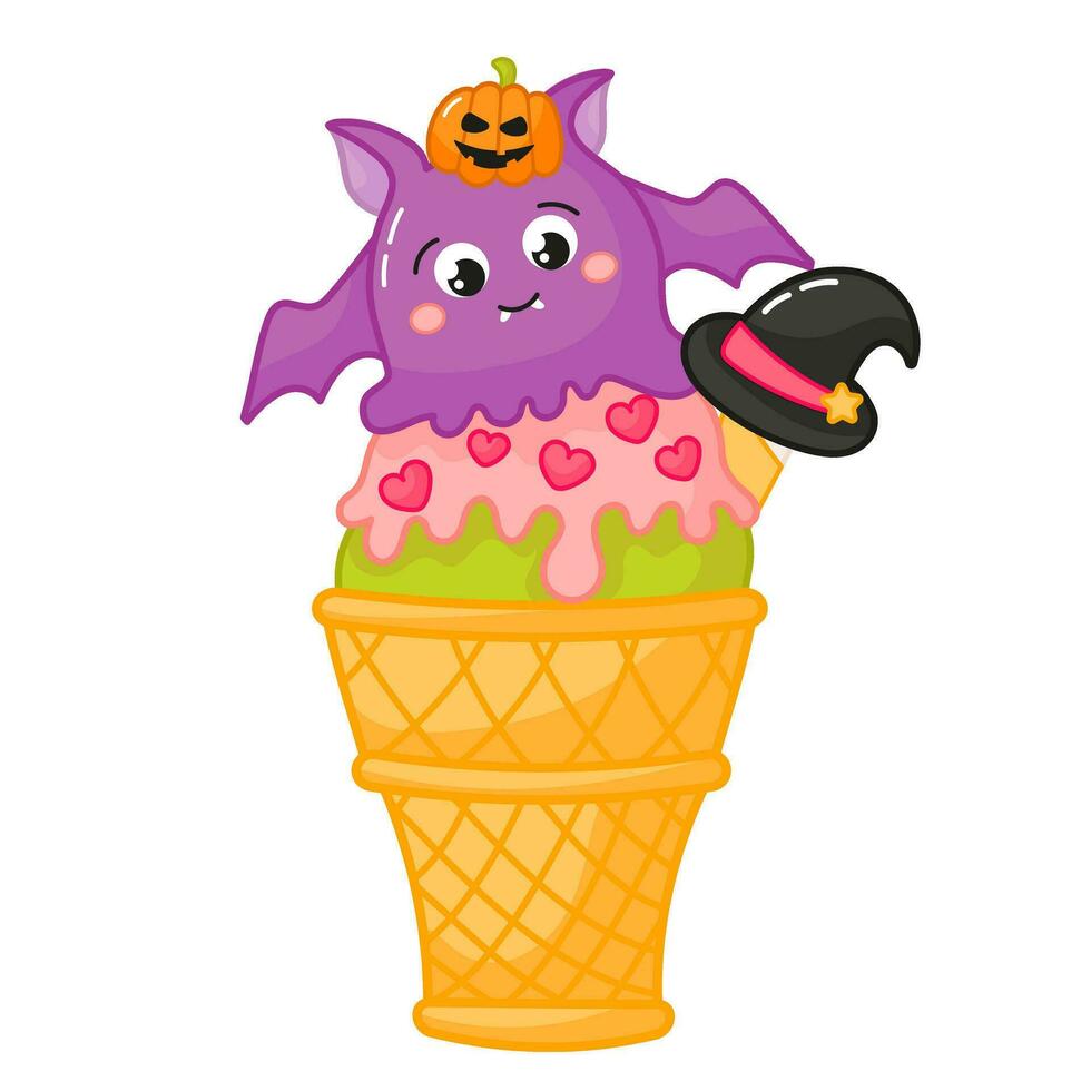 gustoso kawaii pipistrello sagomato ghiaccio crema nel cono con strega cappello e zucca su testa cartone animato per Halloween vettore